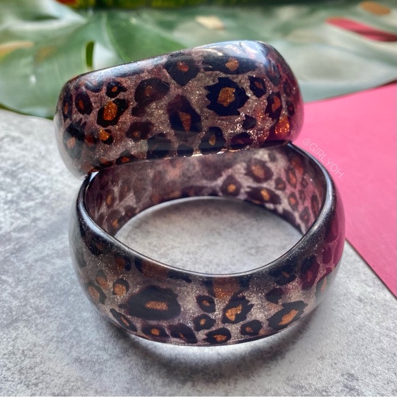 Leopard Chunky Glitter Acrylic Plastic Resin Bangle Bracelets - Picture 3 of 8